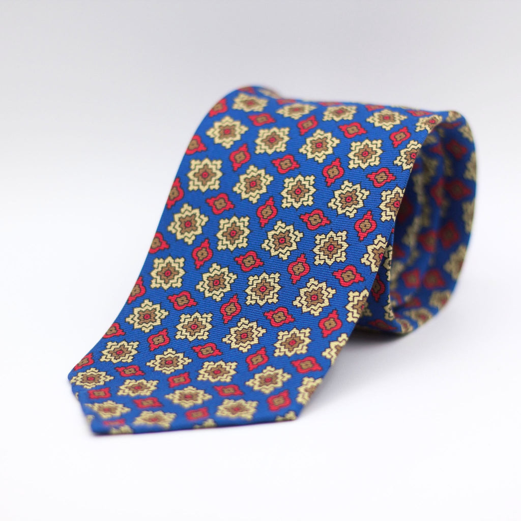 Cruciani & Bella 100% Printed Silk 36 oz UK fabric Unlined Blue, Brown, Cream and Red Unlined Tie Handmade in Italy 8 x 150 cm