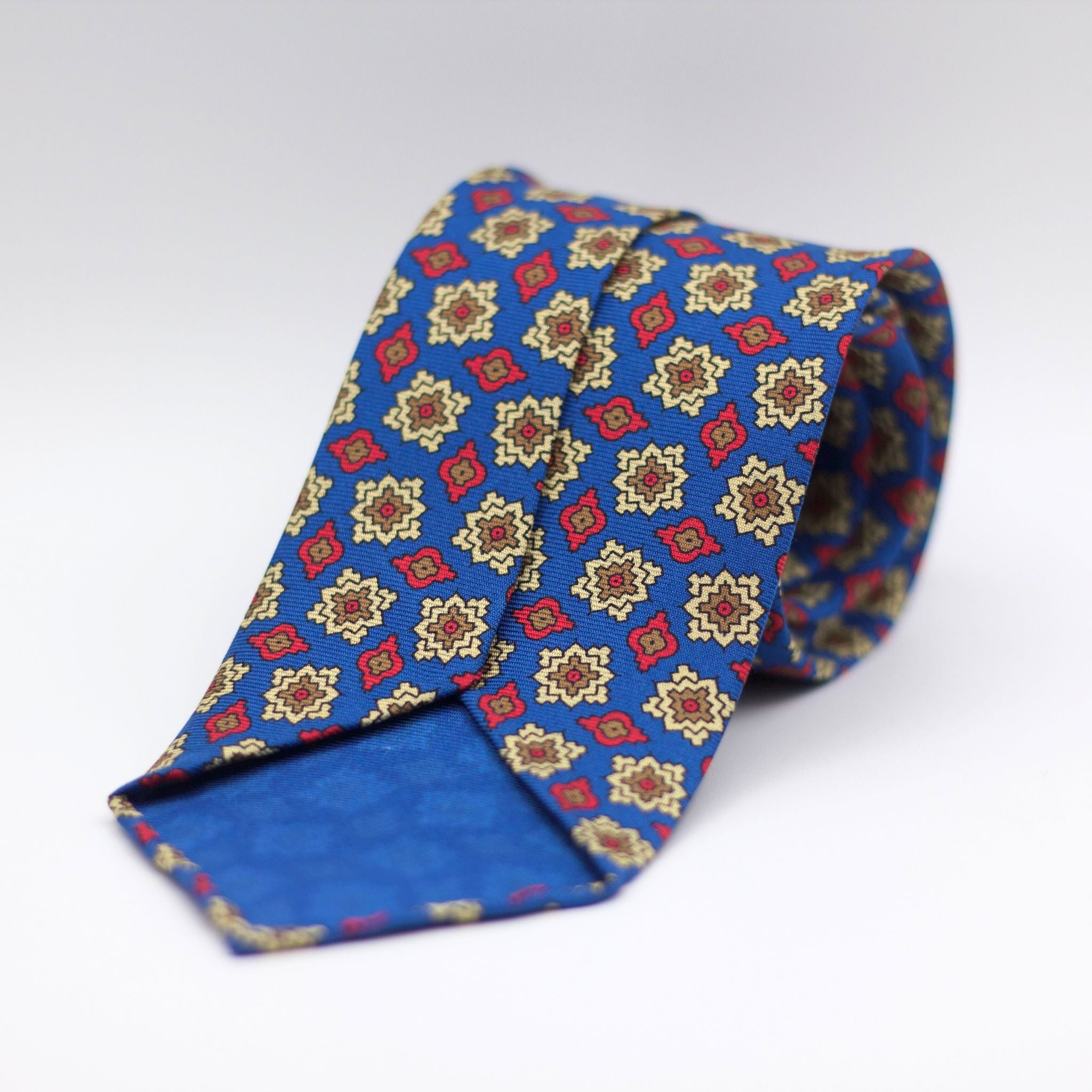 Cruciani & Bella 100% Printed Silk 36 oz UK fabric Unlined Blue, Brown, Cream and Red Unlined Tie Handmade in Italy 8 x 150 cm