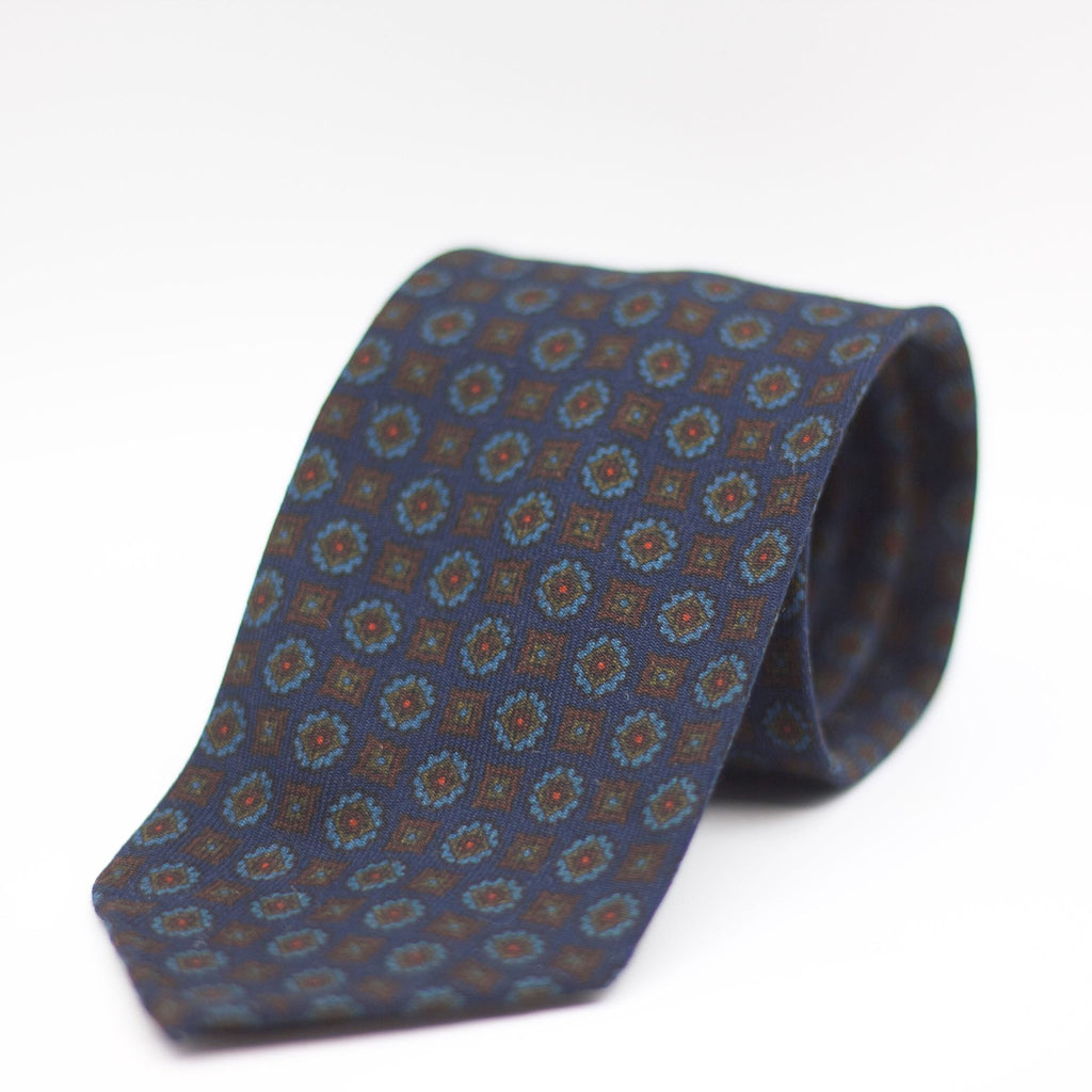 Cruciani & Bella 100%  Printed Wool  Unlined Hand rolled blades Blue, Brown, Green and Light Blue Motifs Tie Handmade in Italy 8 cm x 150 cm