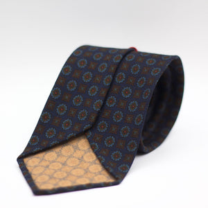 Cruciani & Bella 100%  Printed Wool  Unlined Hand rolled blades Blue, Brown, Green and Light Blue Motifs Tie Handmade in Italy 8 cm x 150 cm