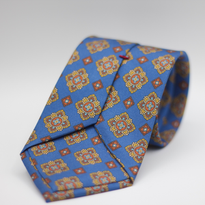 Cruciani & Bella 100% Silk Printed Self-Tipped Blue, Brown, Light Brown and Orange Motif Tie Handmade in Rome, Italy. 8 cm x 150 cm