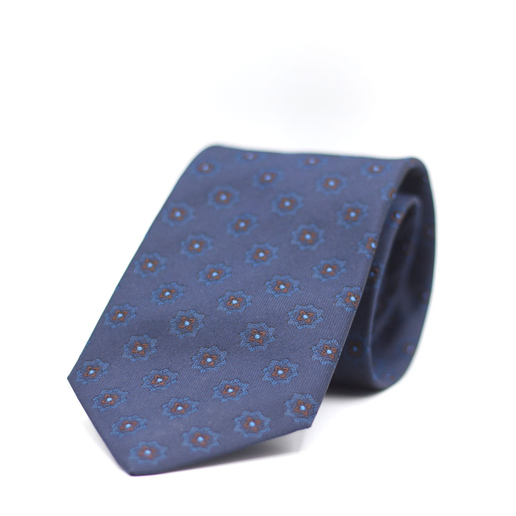 Cruciani & Bella 100% Silk Made in England Jacquard  Tipped Blue, Brown and Blue motif  Tie Handmade in Italy 8 cm x 150 cm