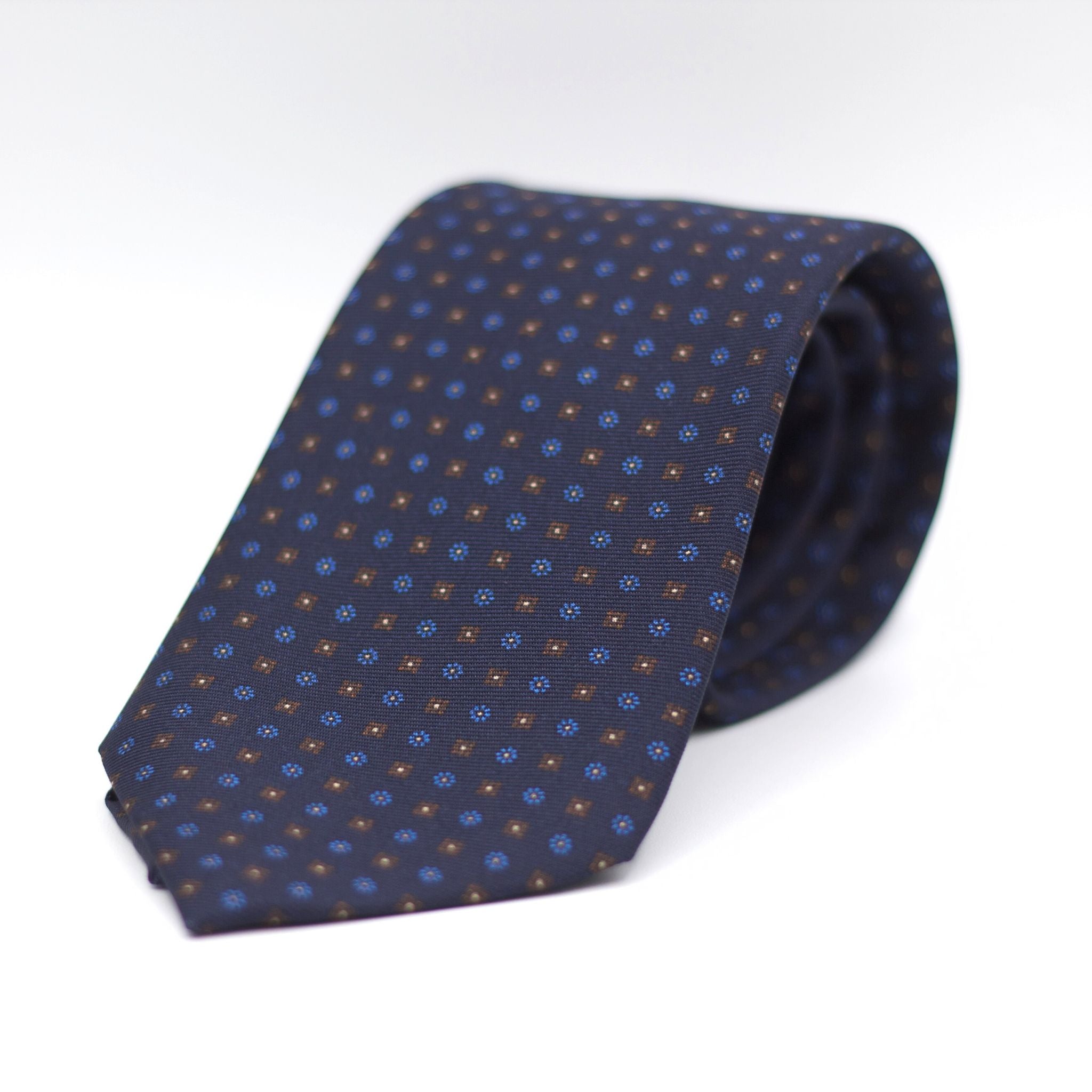 Holliday & Brown for Cruciani & Bella 100% Printed Silk Self-Tipped Blue, Brown and Light Blue motif tie Handmade in Italy 8 cm x 150 cm