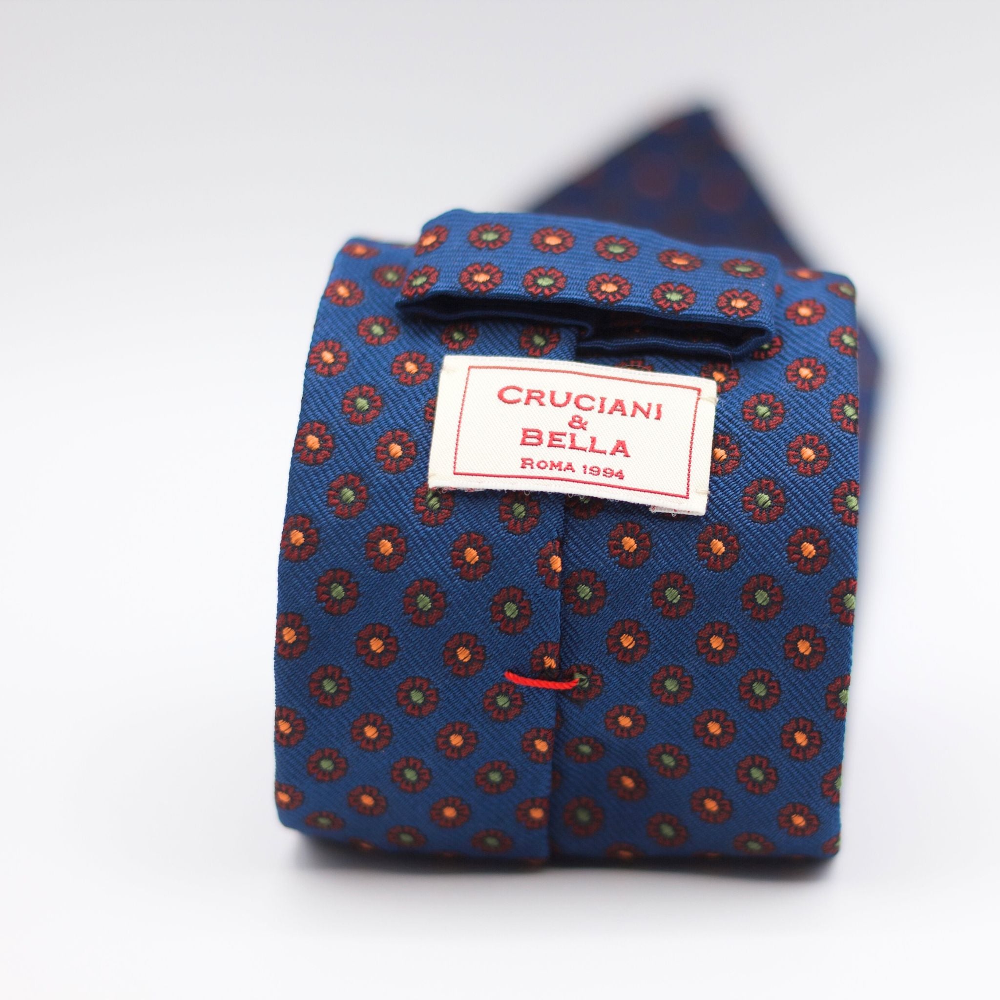 Cruciani & Bella 100% Woven Jacquard Silk Unlined Blue, Burgundy, Green and Orange  Motif Unlined Tie Handmade in England 8 x 153 cm