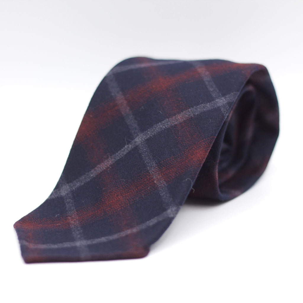 Cruciani & Bella 100% Wool Flannel Unlined Hand rolled blades Blue, Burgundy and Grey Tartan Tie Handmade in Italy 8 cm x 150 cm