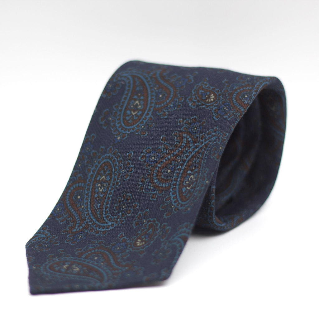 Cruciani & Bella 100%  Printed Wool  Unlined Hand rolled blades Blue, Burgundy and Light Blue Paisley Motifs Tie Handmade in Italy 8 cm x 150 cm