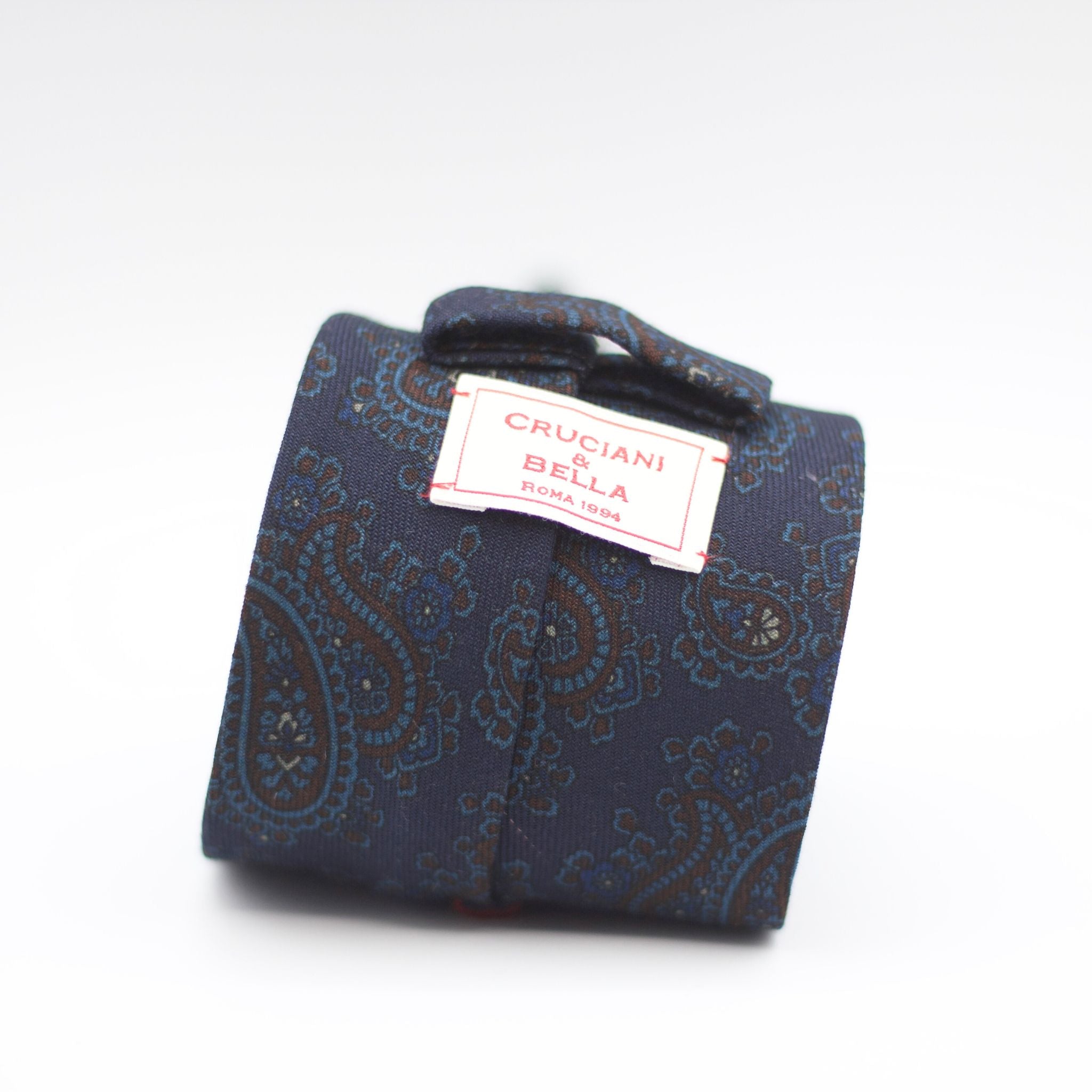 Cruciani & Bella 100%  Printed Wool  Unlined Hand rolled blades Blue, Burgundy and Light Blue Paisley Motifs Tie Handmade in Italy 8 cm x 150 cm