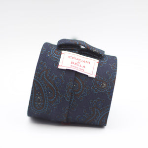 Cruciani & Bella 100%  Printed Wool  Unlined Hand rolled blades Blue, Burgundy and Light Blue Paisley Motifs Tie Handmade in Italy 8 cm x 150 cm