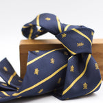 Cruciani &amp; Bella per Gentlemen Drivers 100% Woven Jacquard Silk Tipped Blue, Gold Stripes Crest Tie Handmade in Italy 8 cm x 150 cm