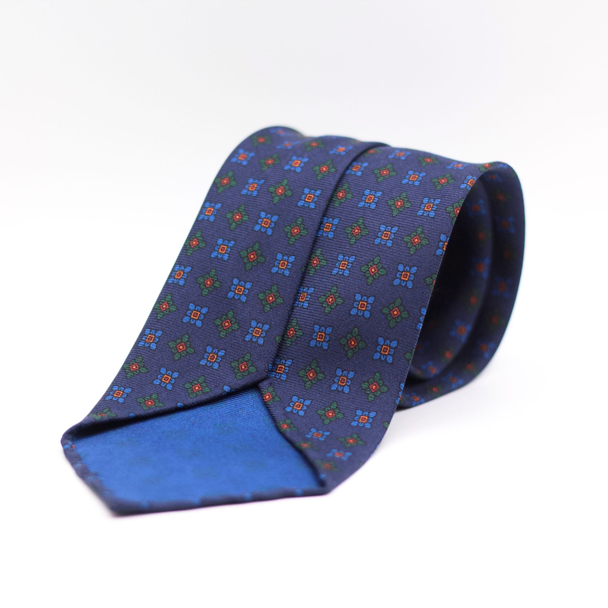 Cruciani & Bella 100% Printed Silk Unlined Blue, Green, Baby Blue and Orange Motif Unlined Tie Handmade in England 8 x 153 cm