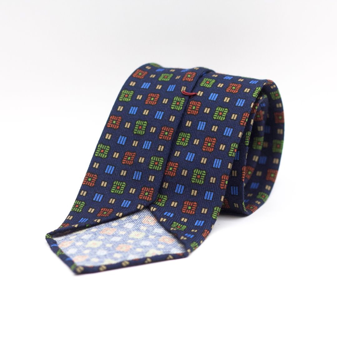 Cruciani & Bella 100%  Printed Wool  Unlined Hand rolled blades Blue, Green, Light Blue, Beige and Brown Tie Handmade in Italy 8 cm x 150 cm