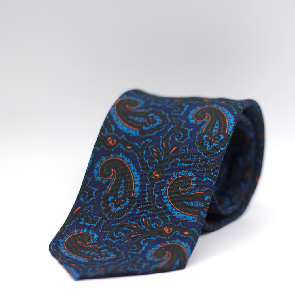 Cruciani & Bella 100% Printed Silk 36 oz UK fabric Unlined Blue, Green, Light Blue and Orange Paisley  Unlined Tie Handmade in Italy 8 x 150 cm