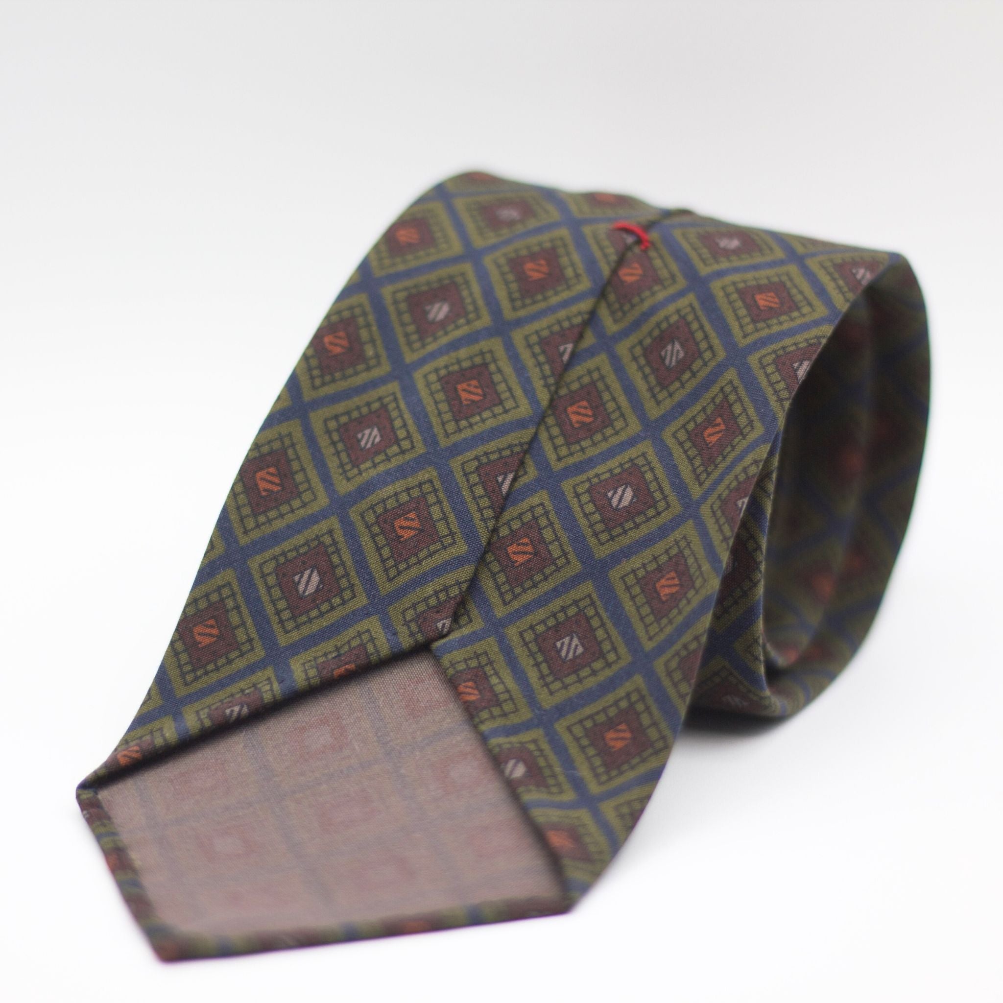 Cruciani & Bella 100% Printed Madder Silk  Italian fabric Unlined tie Blue, Green and Brown Motif Unlined Tie Handmade in Italy 8 cm x 150 cm