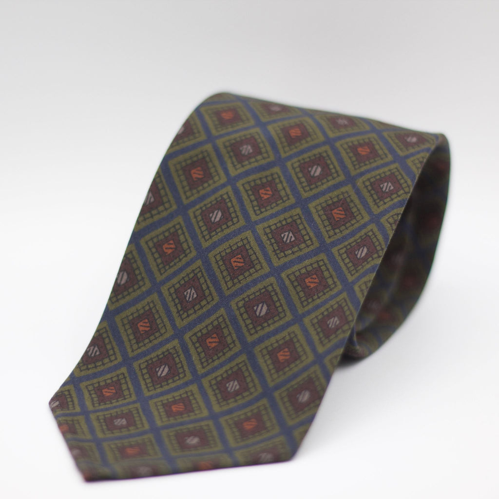 Cruciani & Bella 100% Printed Madder Silk  Italian fabric Unlined tie Blue, Green and Brown Motif Unlined Tie Handmade in Italy 8 cm x 150 cm