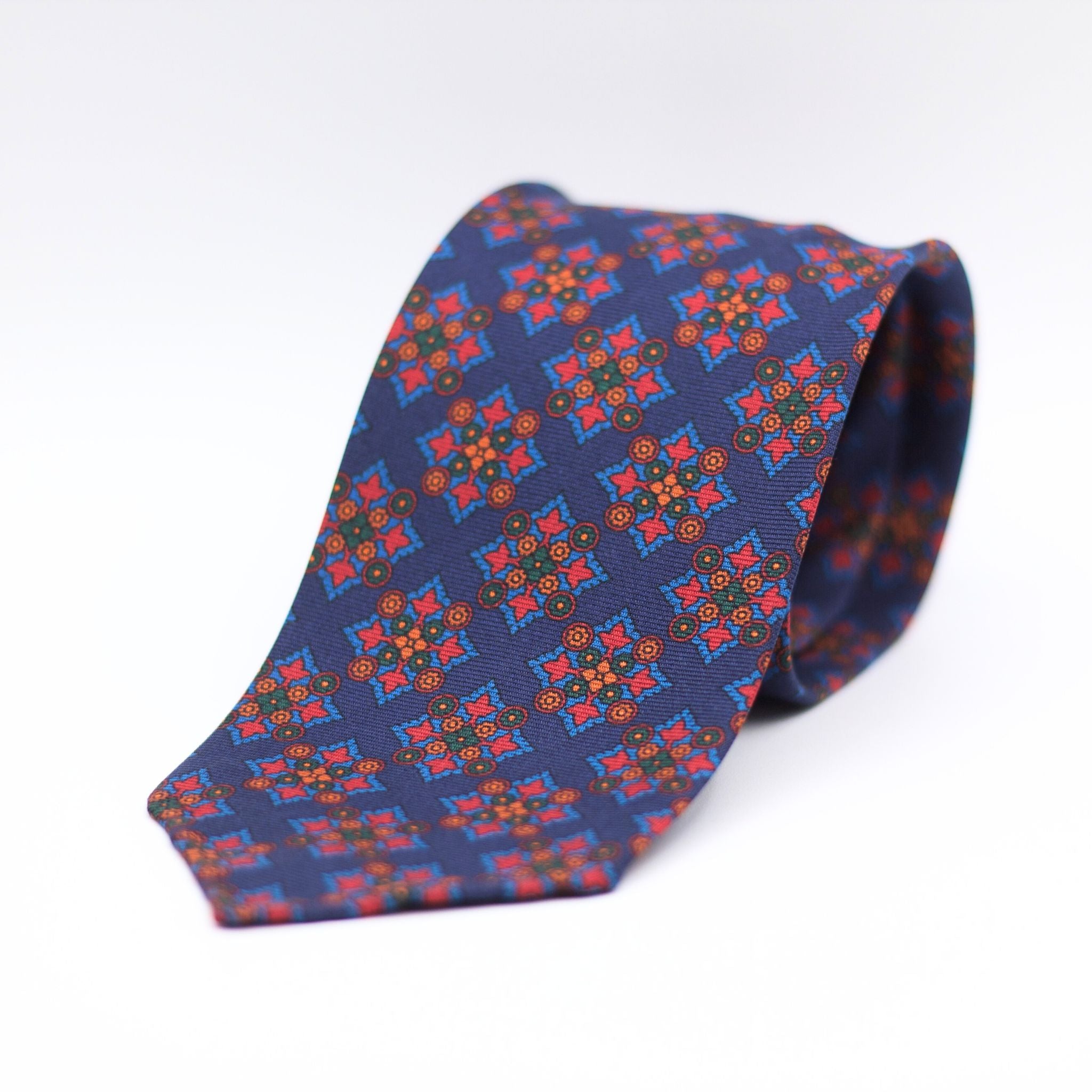 Cruciani & Bella 100% Printed Silk 36 oz UK fabric Unlined Blue, Light Blue, Red and Green Unlined Tie Handmade in Italy