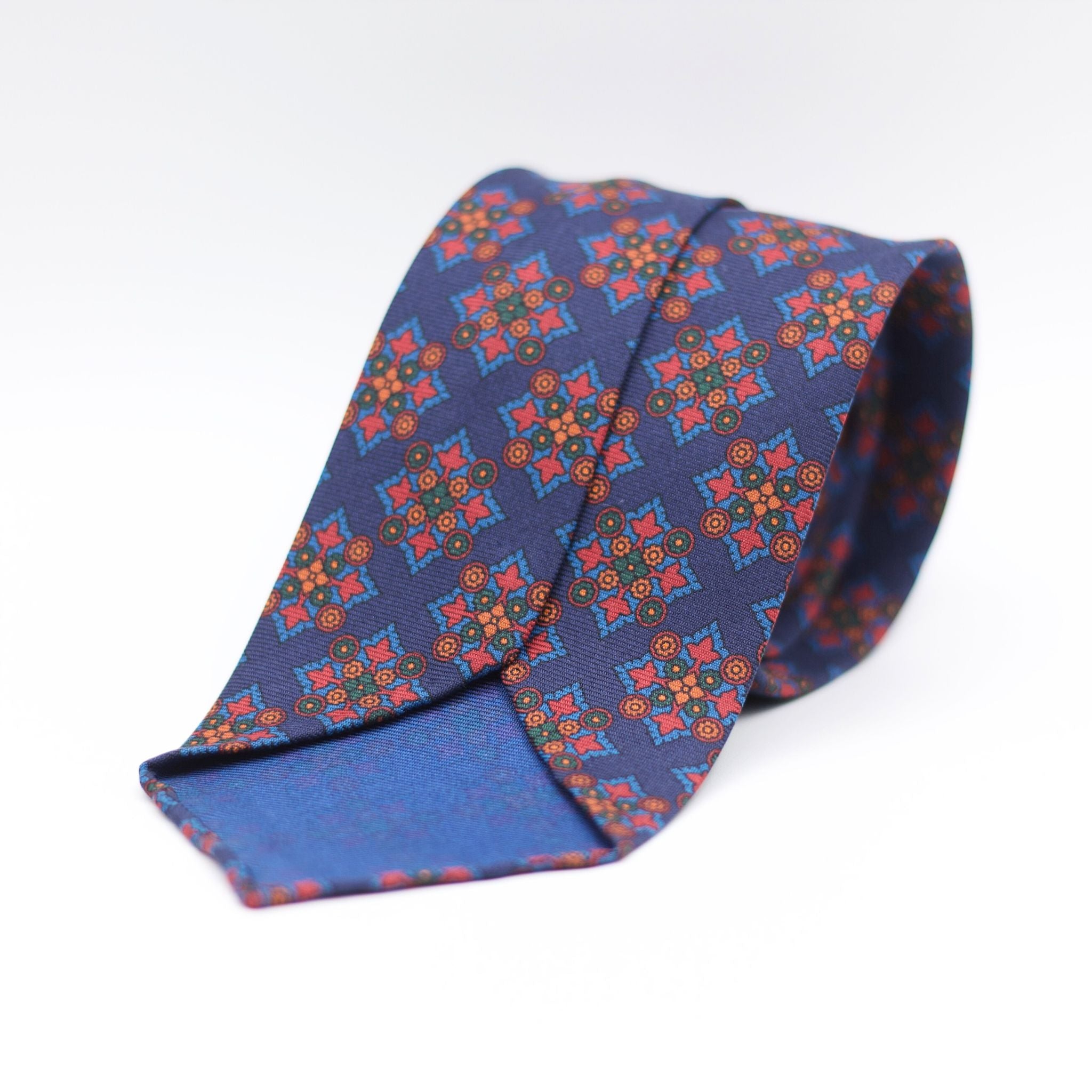 Cruciani & Bella 100% Printed Silk 36 oz UK fabric Unlined Blue, Light Blue, Red and Green Unlined Tie Handmade in Italy