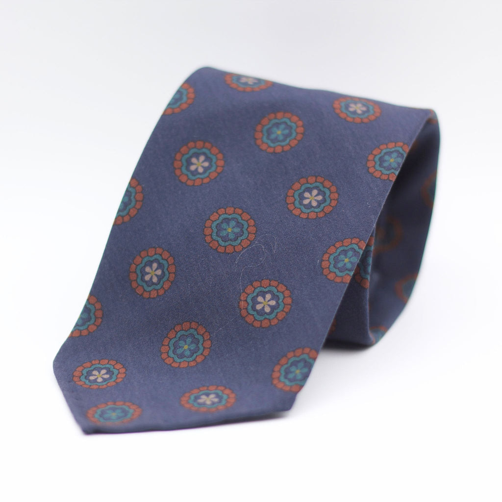 Cruciani & Bella 100% Printed Madder Silk  Italian fabric Unlined tie Blue, Light Blue and Brown Motif Unlined Tie Handmade in Italy 8 cm x 150 cm