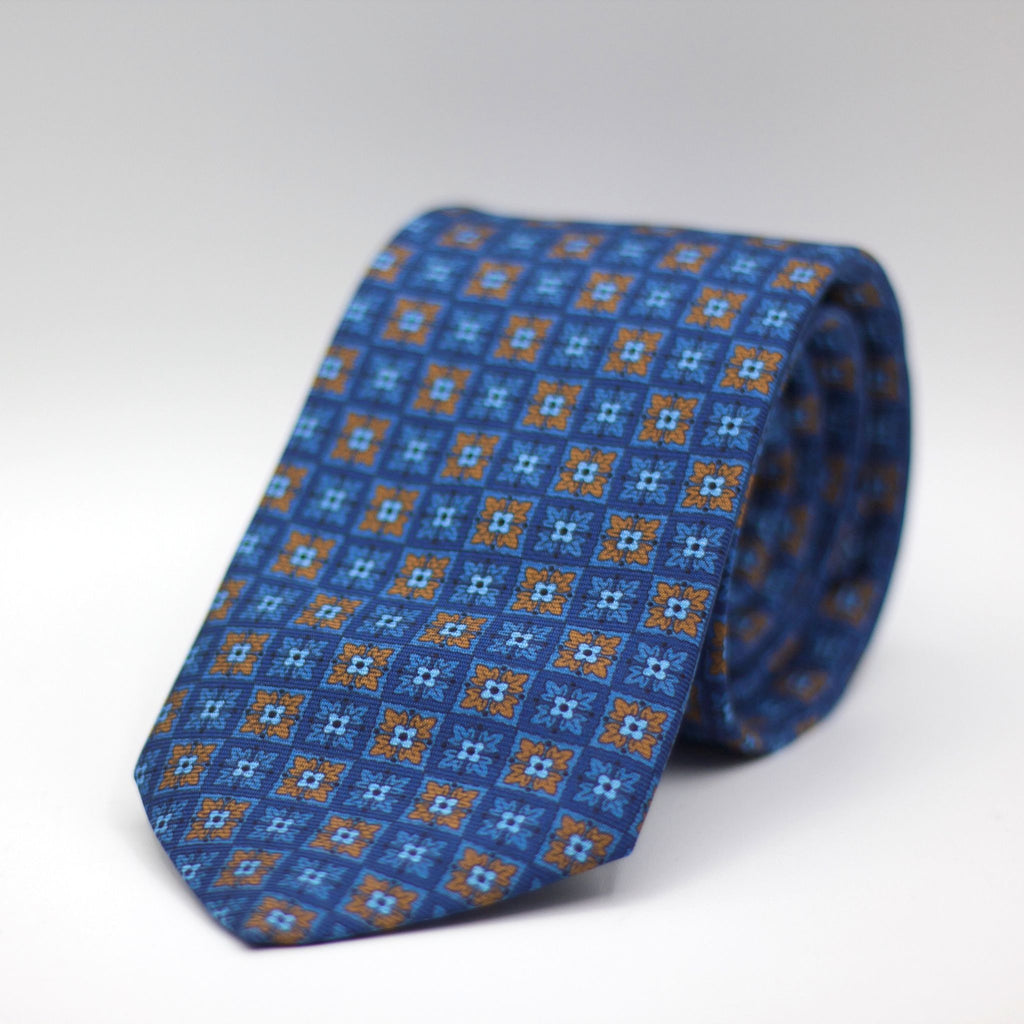 Cruciani & Bella 100% Silk Printed Self-Tipped Blue, Light Blue and Orange  Motif Tie Handmade in Rome, Italy.
