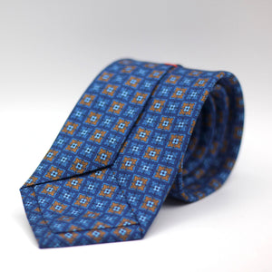Cruciani & Bella 100% Silk Printed Self-Tipped Blue, Light Blue and Orange  Motif Tie Handmade in Rome, Italy.