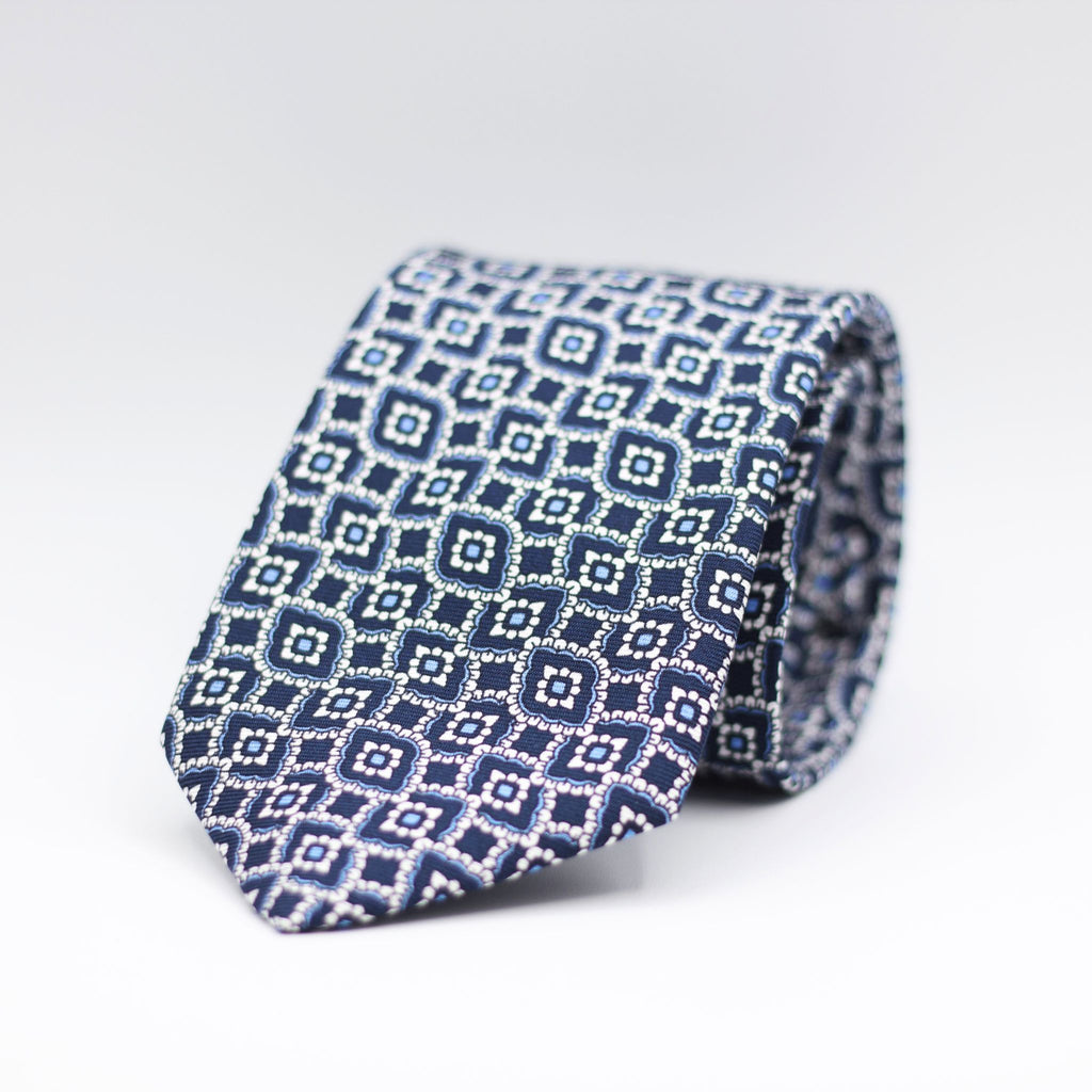 Cruciani & Bella 100% Silk Printed Self-Tipped Blue, Light Blue and White Motif Tie Handmade in Rome, Italy. 8 cm x 150 cm