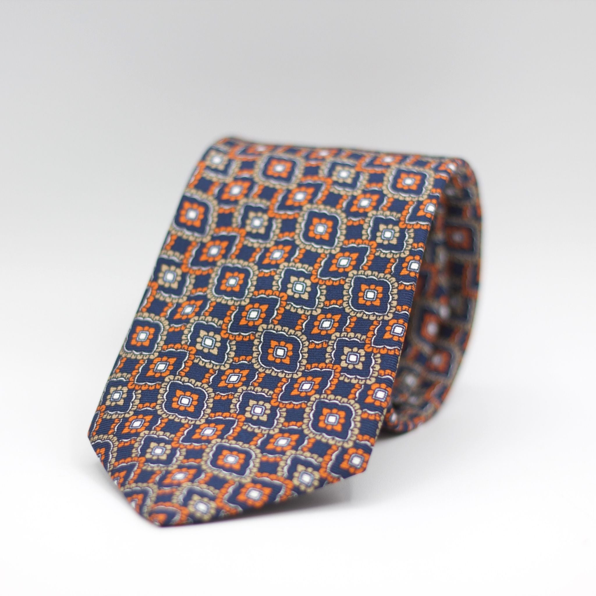 Cruciani & Bella 100% Silk Printed Self-Tipped Blue, Orange, Beige and White Motif Tie Handmade in Rome, Italy. 8 cm x 150 cm