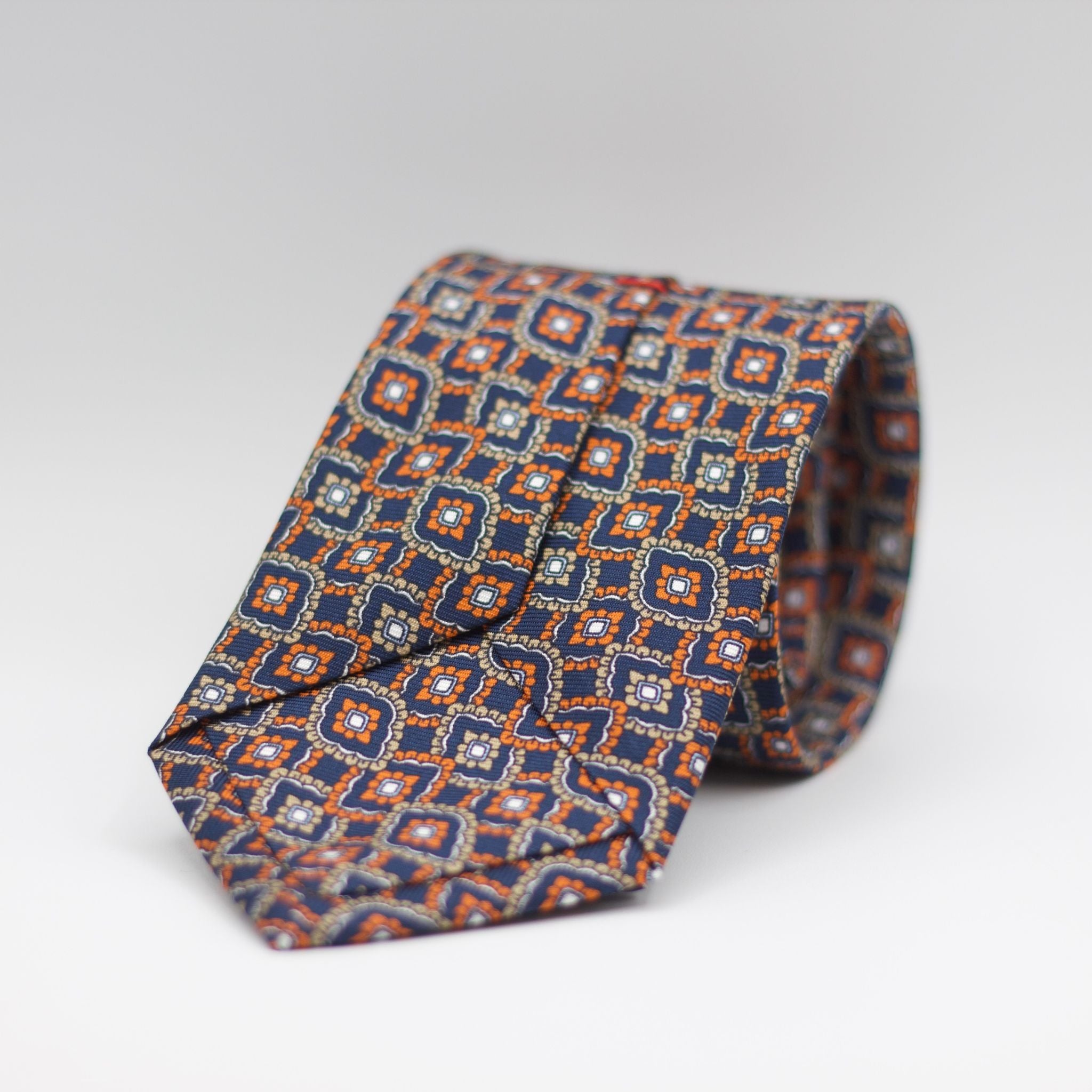 Cruciani & Bella 100% Silk Printed Self-Tipped Blue, Orange, Beige and White Motif Tie Handmade in Rome, Italy. 8 cm x 150 cm