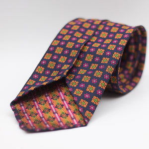 Cruciani & Bella 100% Woven Jacquard Silk Unlined Blue, Orange, Pink and Green Motif Unlined Tie Handmade in England 8 x 153 cm