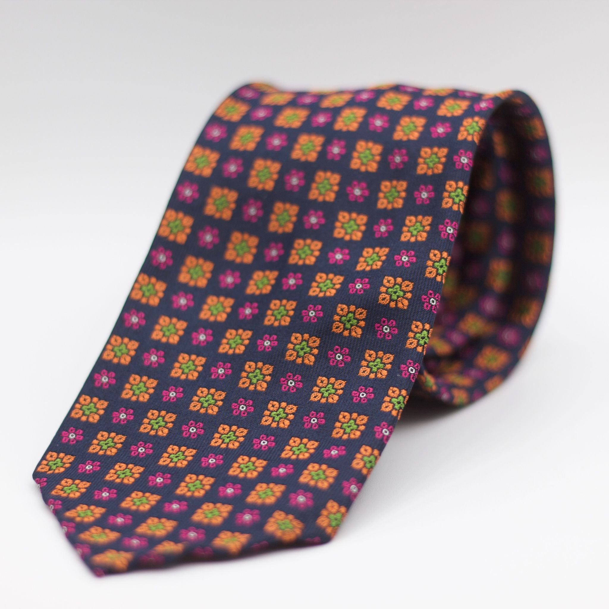 Cruciani & Bella 100% Woven Jacquard Silk Unlined Blue, Orange, Pink and Green Motif Unlined Tie Handmade in England 8 x 153 cm