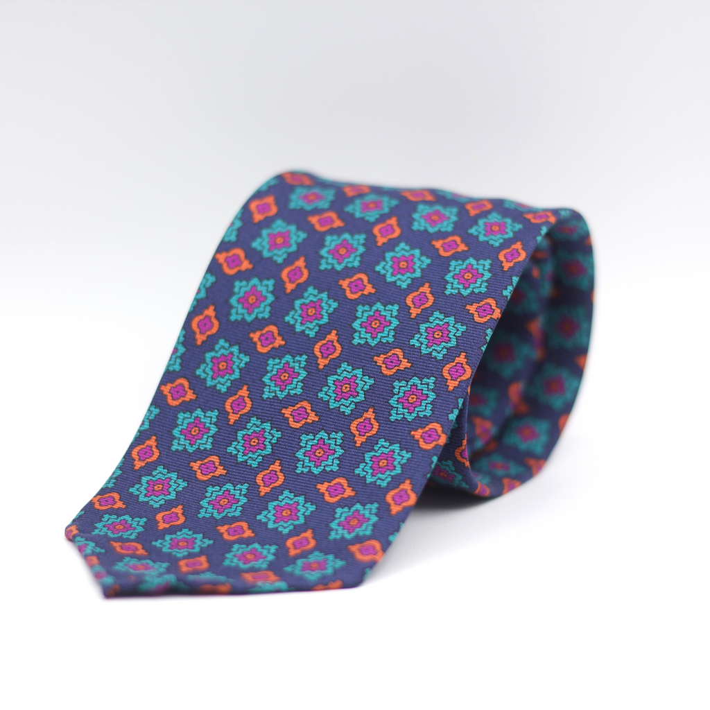 Cruciani & Bella 100% Printed Silk 36 oz UK fabric Unlined Blue, Orange, Purple and Light Blue Motif Unlined Tie Handmade in Italy 8 x 150 cm