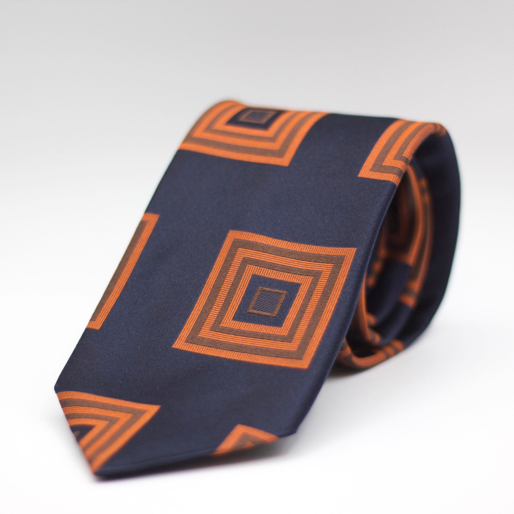 Cruciani & Bella 100% Silk Jacquard  Tipped Blue, Orange and Brown motif tie Handmade in Italy 8 cm x 150 cm