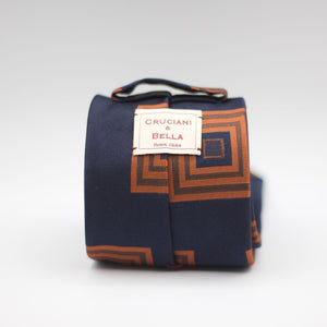 Cruciani & Bella 100% Silk Jacquard  Tipped Blue, Orange and Brown motif tie Handmade in Italy 8 cm x 150 cm