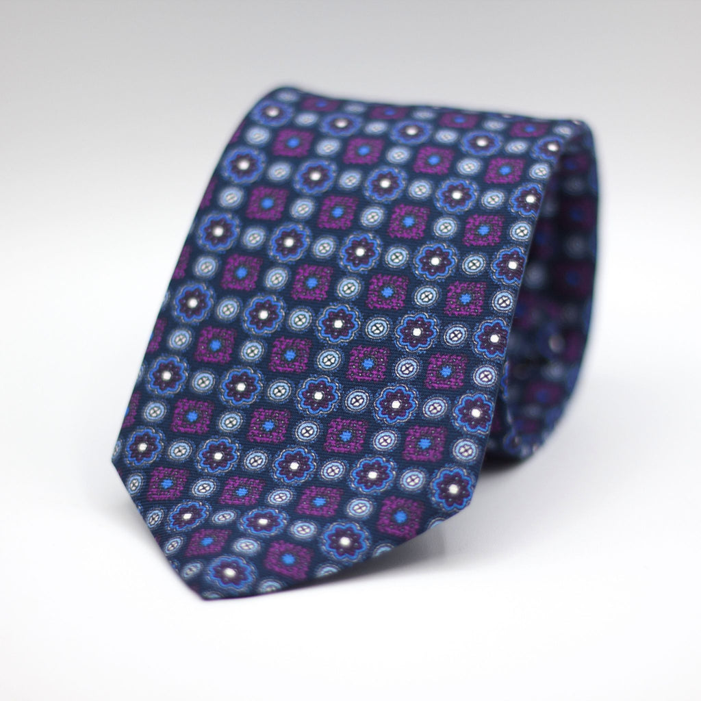 Cruciani & Bella 100% Silk Printed Self-Tipped Blue, Purple and light blue  Motif Tie Handmade in Rome, Italy. 8 cm x 150 cm