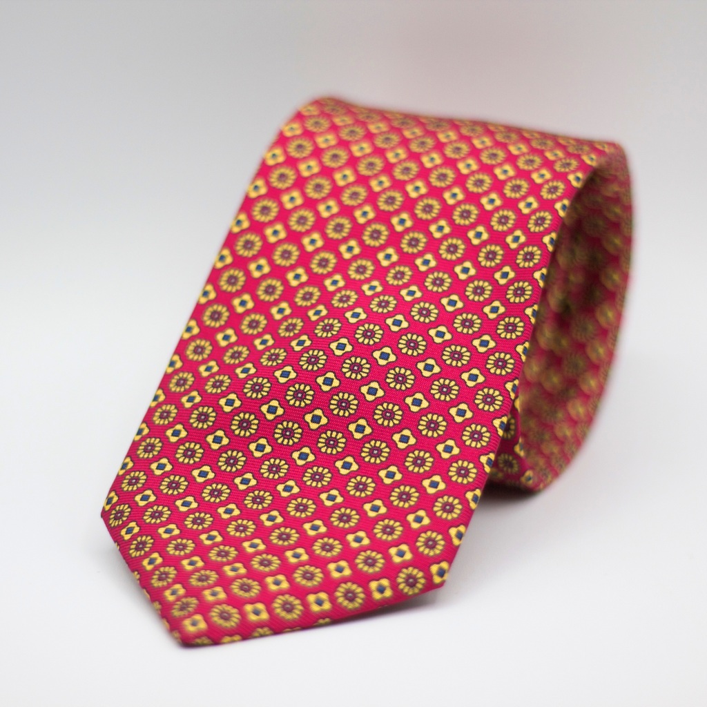 Cruciani & Bella 100% Silk Printed Self-Tipped Red, Yellow and Blue Motif Tie Handmade in Rome, Italy. 8 cm x 150 cm