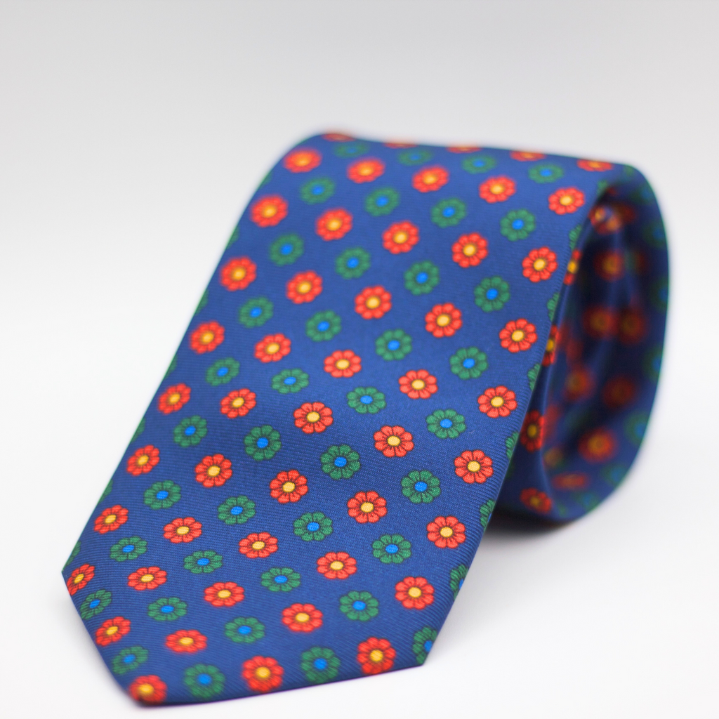 Cruciani & Bella 100% Silk Printed Self-Tipped Blue, Red, Yellow, Green and Light Blue Floral Motif Tie Handmade in Rome, Italy. 8 cm x 150 cm
