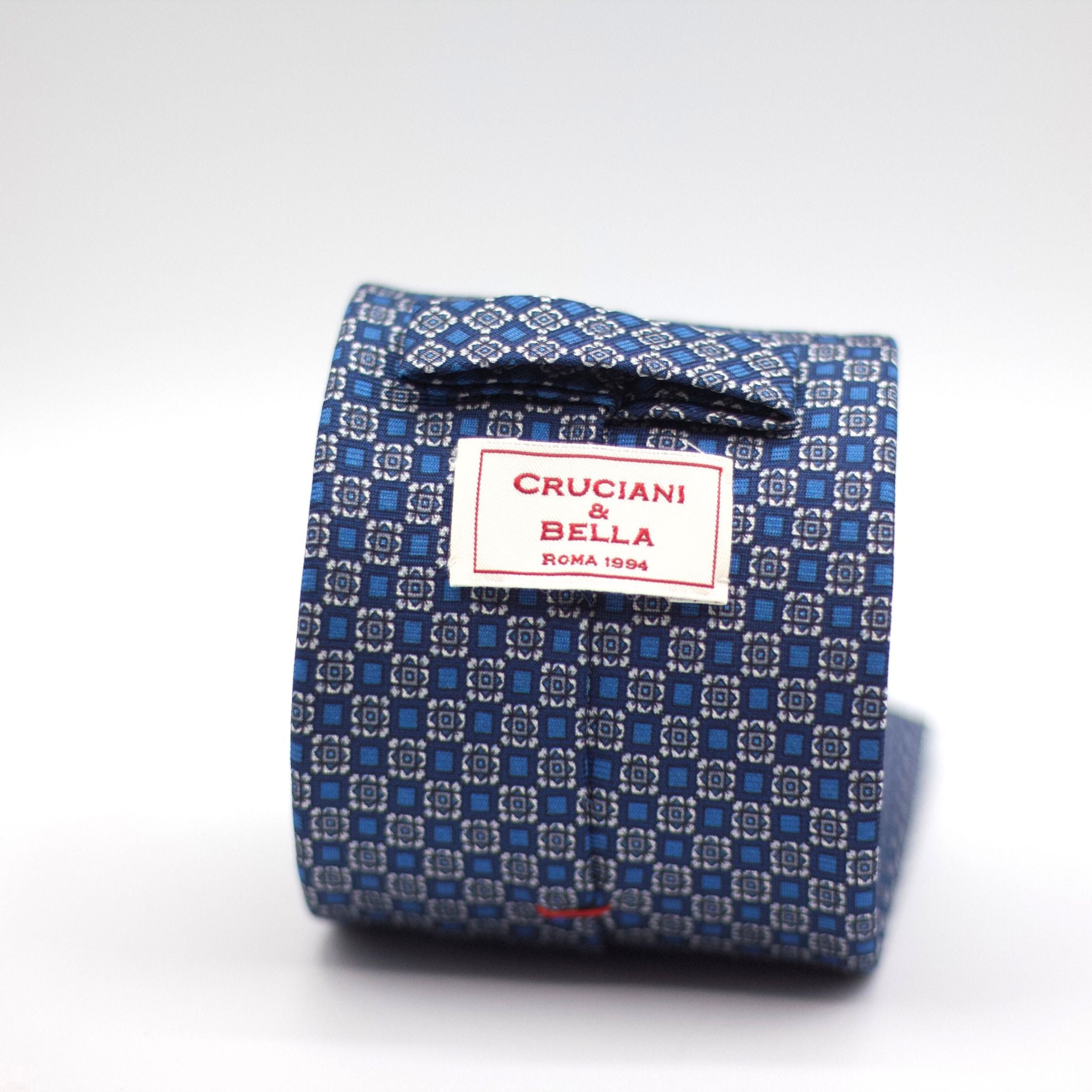 Cruciani & Bella 100% Silk Printed Self-Tipped Blue, White and Light Blue Tie Handmade in Rome, Italy. 8 cm x 150 cm
