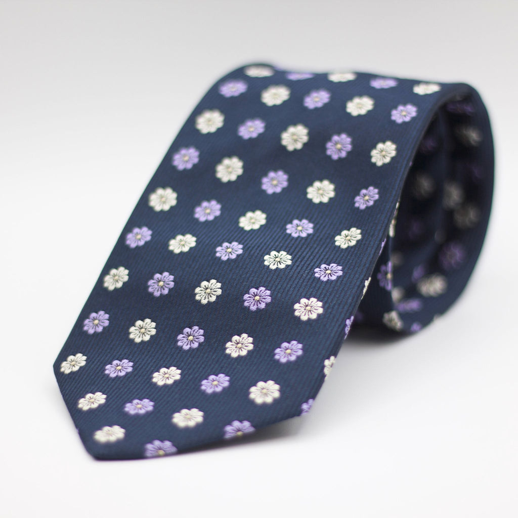 Cruciani & Bella 100% Silk Made in England Jacquard  Tipped Blue, White and Lilac Floral Motif Tie Handmade in Italy 8 cm x 150 cm