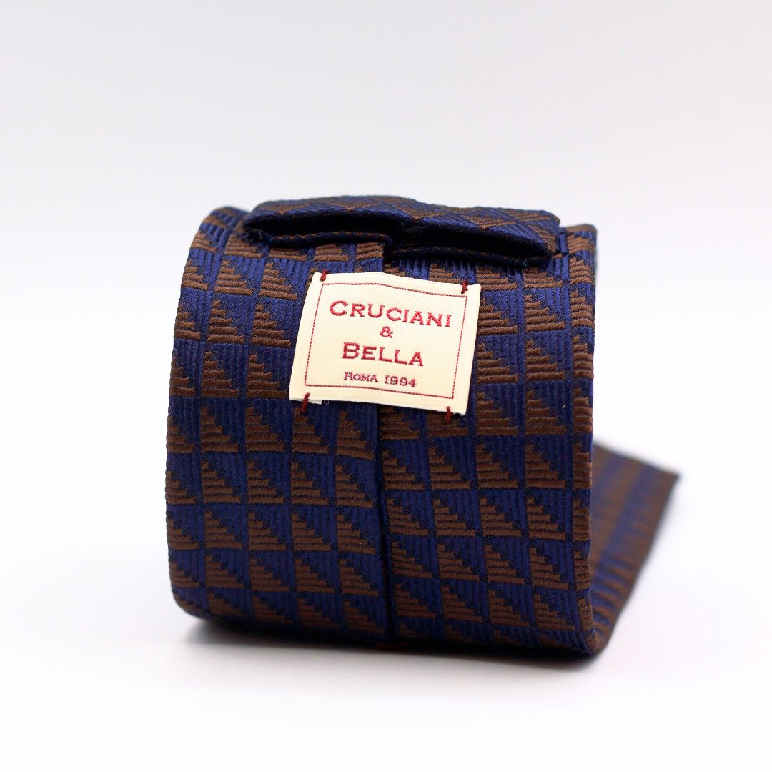 Cruciani & Bella 100% Silk  Jacquard  Tipped Blue and Brown Motif Tie Handmade in Italy 8 cm x 150 cm