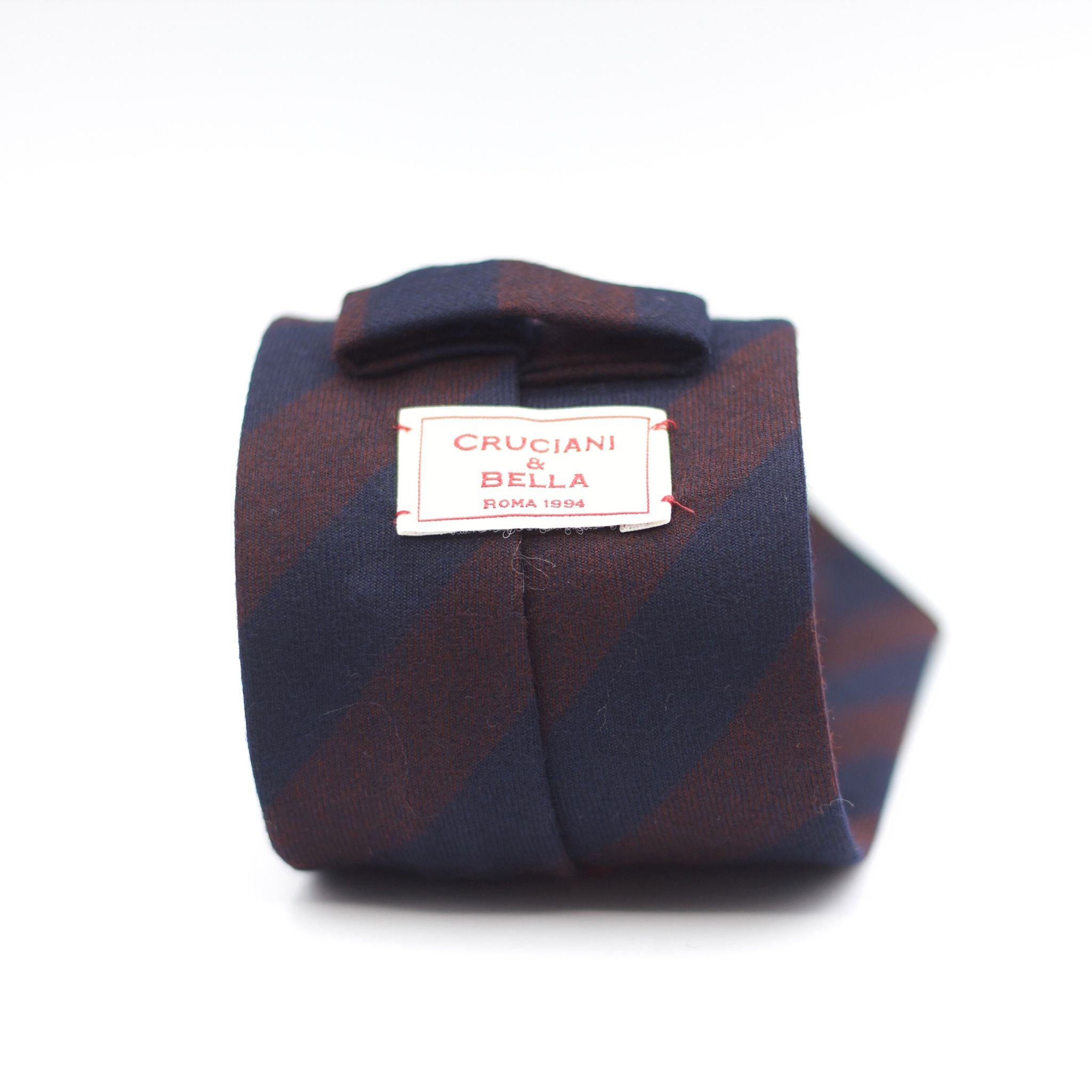 Cruciani & Bella 100% Wool Flannel Unlined Hand rolled blades Blue and Burgundy Striped Tie Handmade in Italy 8 cm x 150 cm