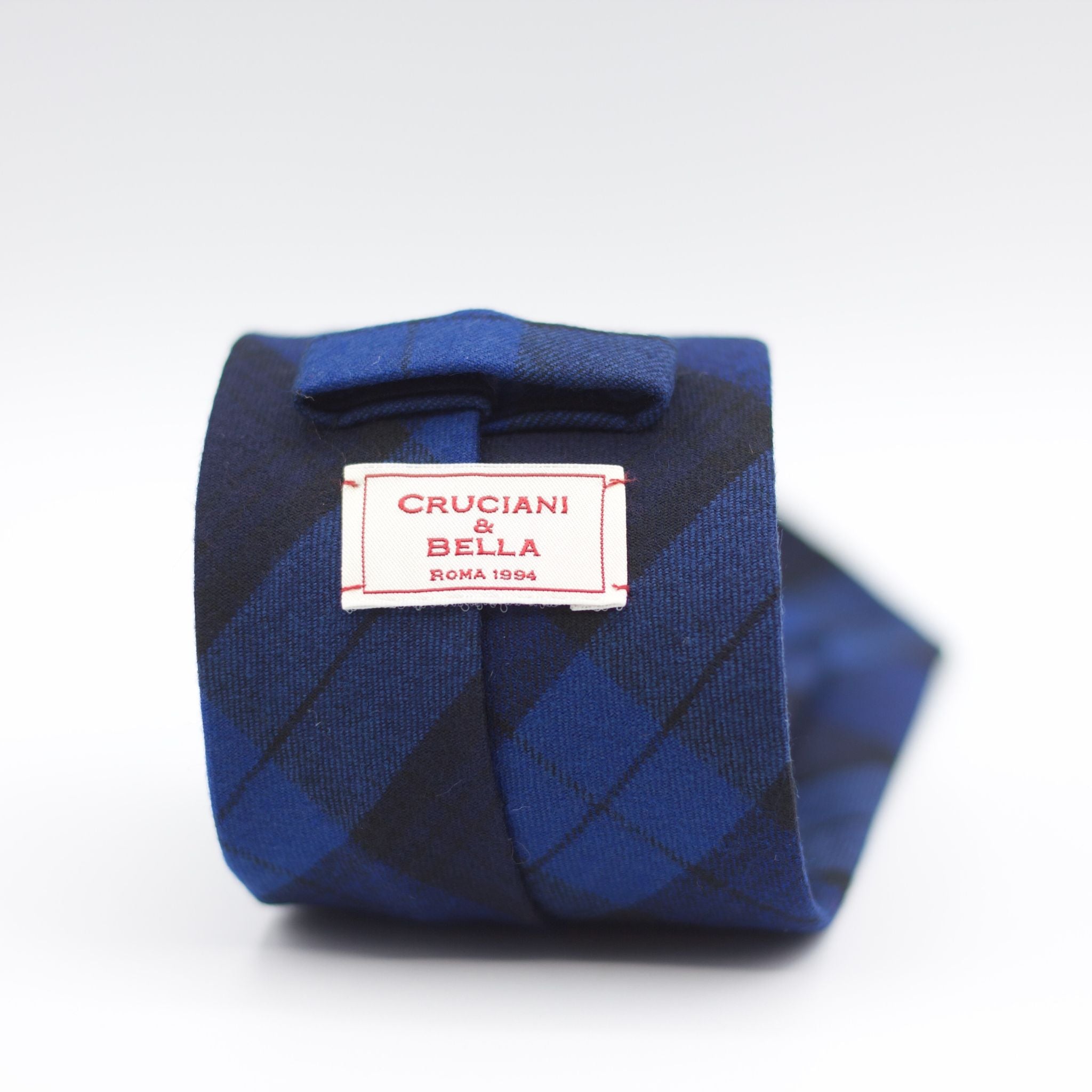 Cruciani & Bella  100% Wool Flannel  Unlined  Hand rolled blades  Blue and Light Blue Tartan Tie  Handmade in Italy  8 cm x 150 cm