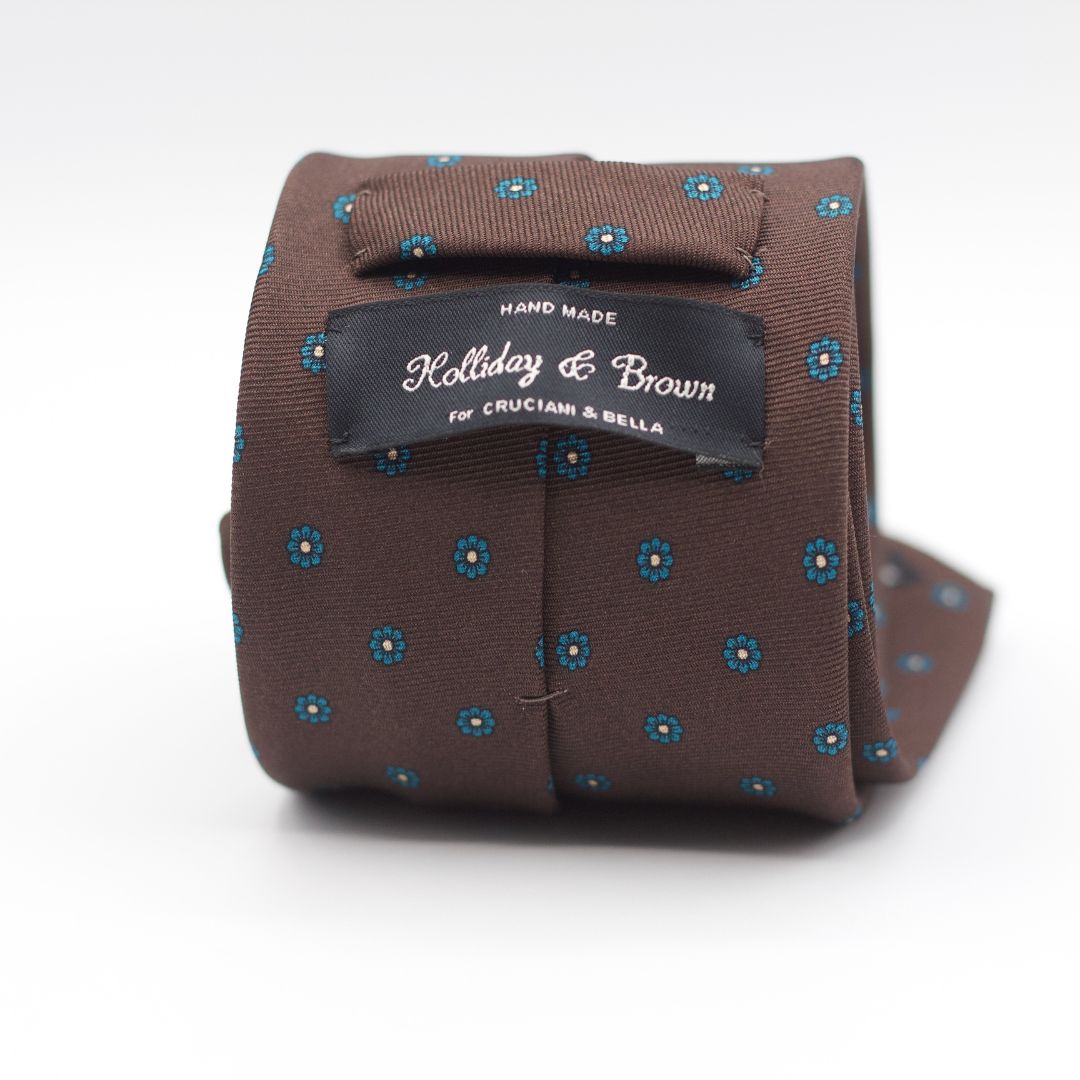 Holliday & Brown for Cruciani & Bella 100% printed Silk Self Tipped Brown, Blue Floral motif tie Handmade in Italy 8 cm x 150 cm