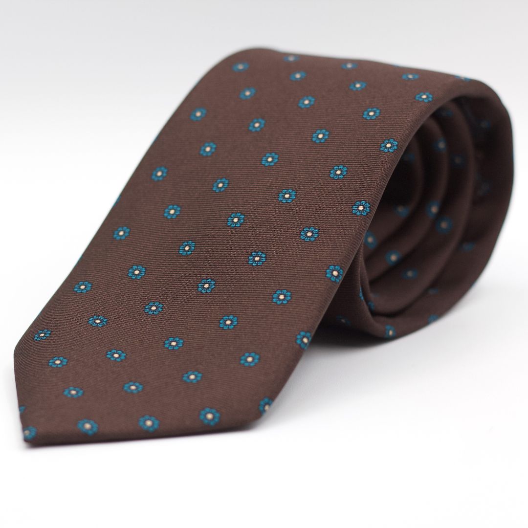 Holliday & Brown for Cruciani & Bella 100% printed Silk Self Tipped Brown, Blue Floral motif tie Handmade in Italy 8 cm x 150 cm