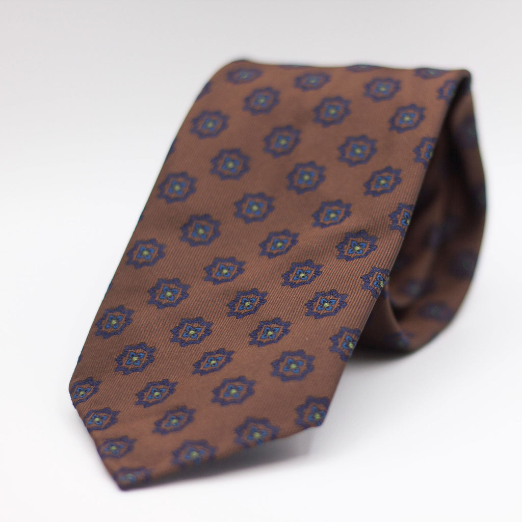 Cruciani & Bella 100% Woven Jacquard Silk Unlined Brown, Blue, Light Blue and Green Unlined Tie Handmade in England 8 x 153 cm