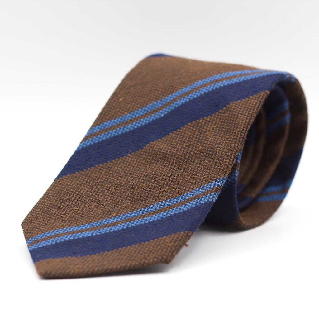Cruciani & Bella 100% Silk Shantung Tipped Brown, Blue and Light Blue Stripes tie Handmade in Italy 8 cm x 150 cm