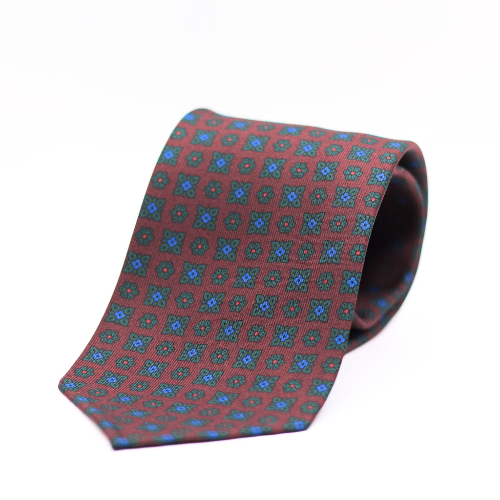 Cruciani & Bella 100% Printed Silk Unlined Brown, Green, Baby Blue and Orange Motif Unlined Tie Handmade in England 8 x 153 cm