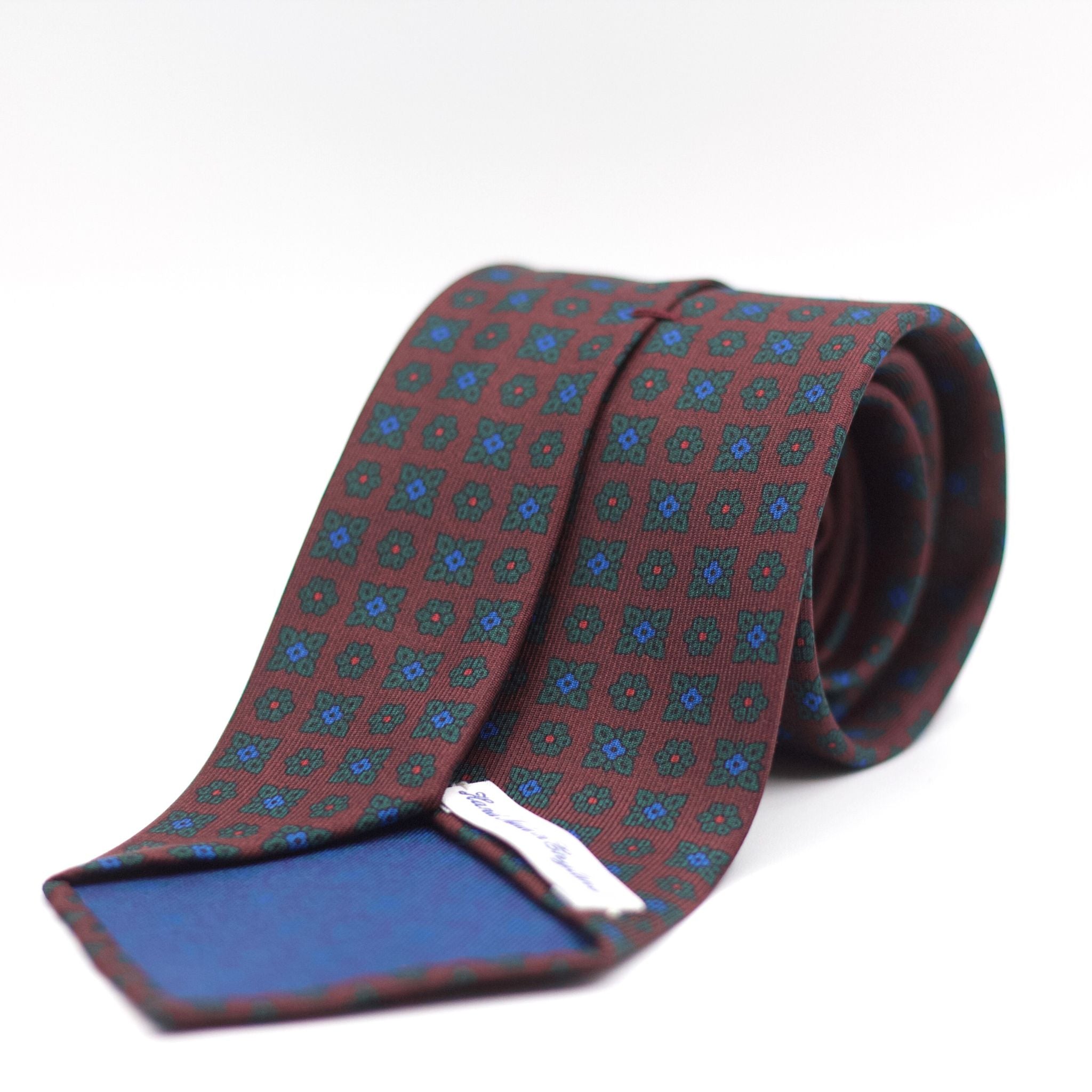Cruciani & Bella 100% Printed Silk Unlined Brown, Green, Baby Blue and Orange Motif Unlined Tie Handmade in England 8 x 153 cm