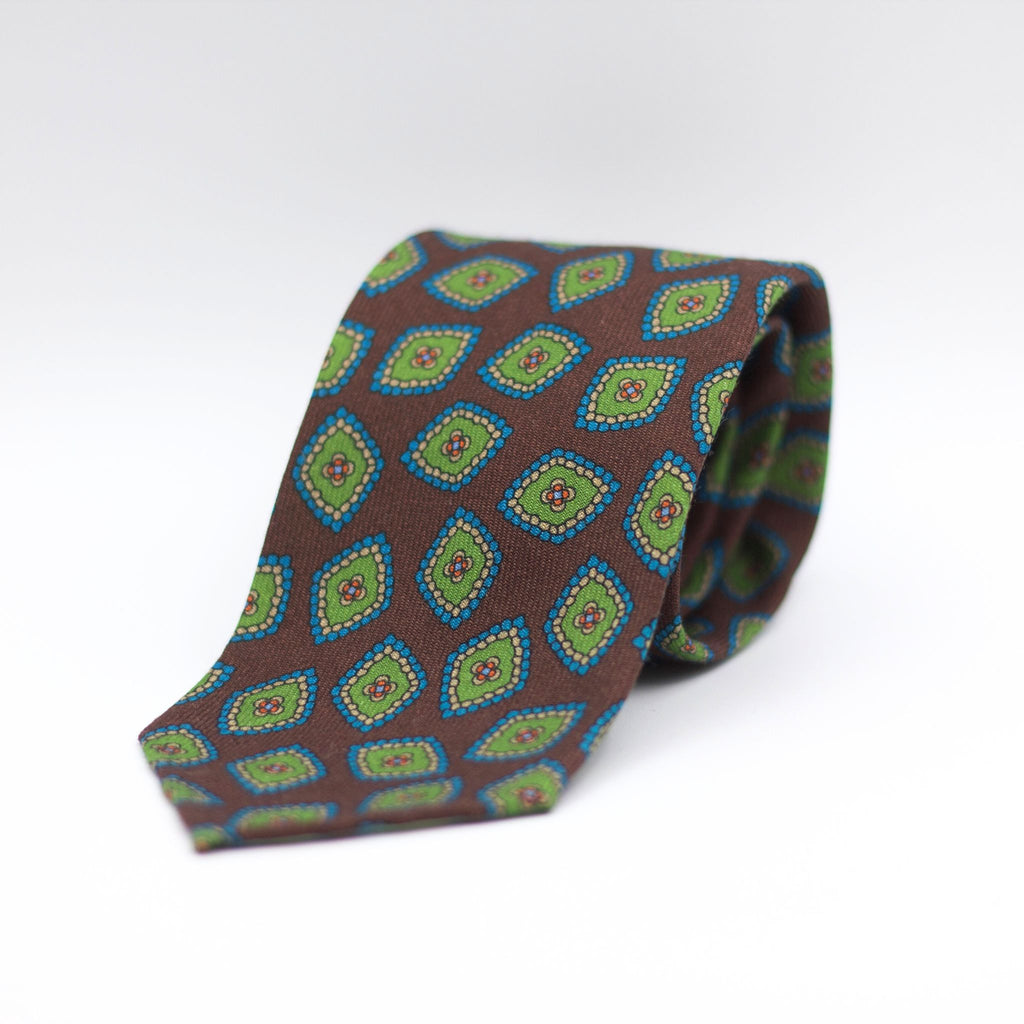 Cruciani & Bella 100%  Printed Wool  Unlined Hand rolled blades Brown, Green, Blue and light beige Motif Tie Handmade in Italy 8 cm x 150 cm
