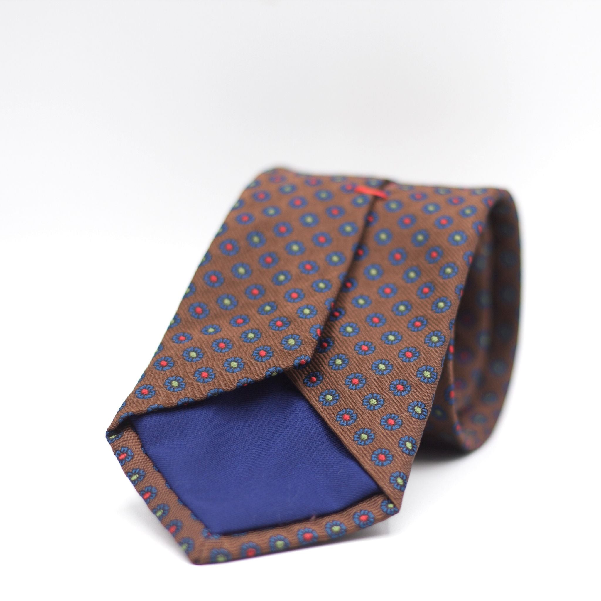 Cruciani & Bella 100% Silk Made in England Jacquard  Tipped Brown, Green, Red and Blue Motif Tie Handmade in Italy 8 cm x 150 cm