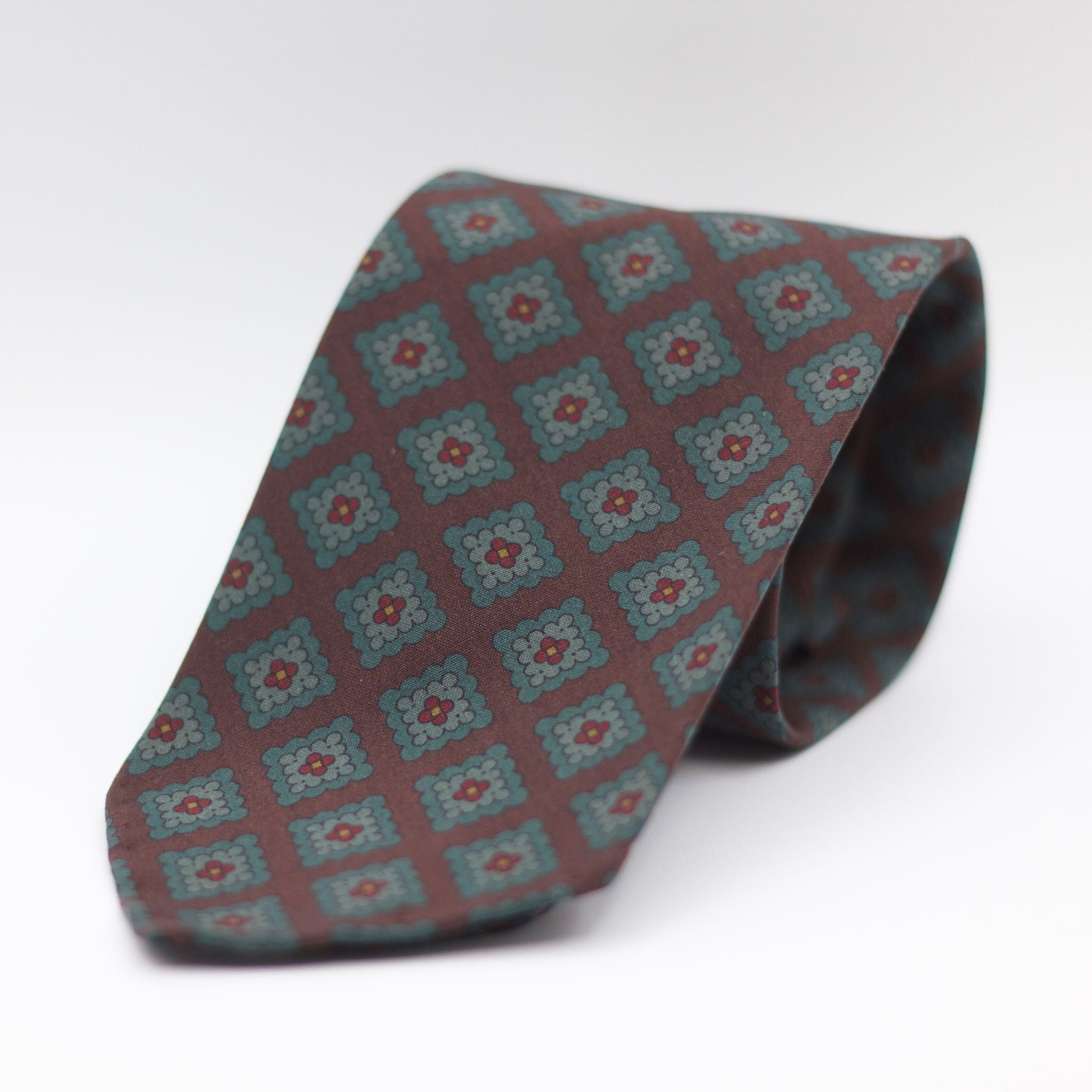 Cruciani & Bella  100% Printed Madder Silk  Italian fabric  Unlined tie Brown, Green, Red and Yellow Medallions Handmade in Italy 8 cm x 150 cm
