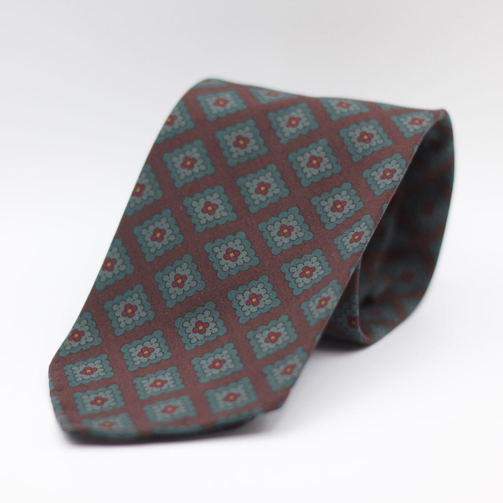 Cruciani & Bella  100% Printed Madder Silk  Italian fabric  Unlined tie Brown, Green, Red and Yellow Medallions Handmade in Italy 8 cm x 150 cm
