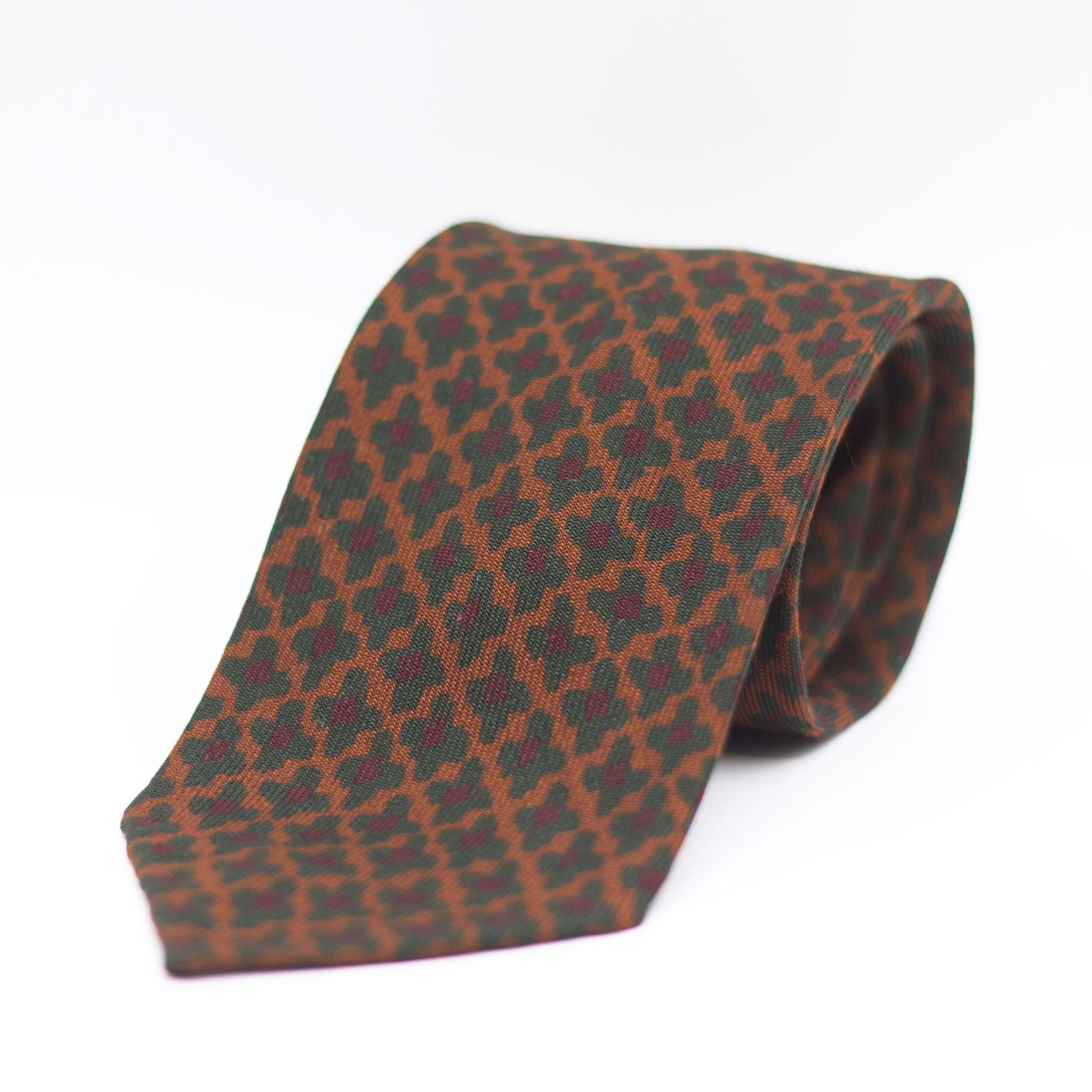 Cruciani & Bella 100%  Printed Wool  Unlined Hand rolled blades Brown, Green and Burgundy Motifs Tie Handmade in Italy 8 cm x 150 cm